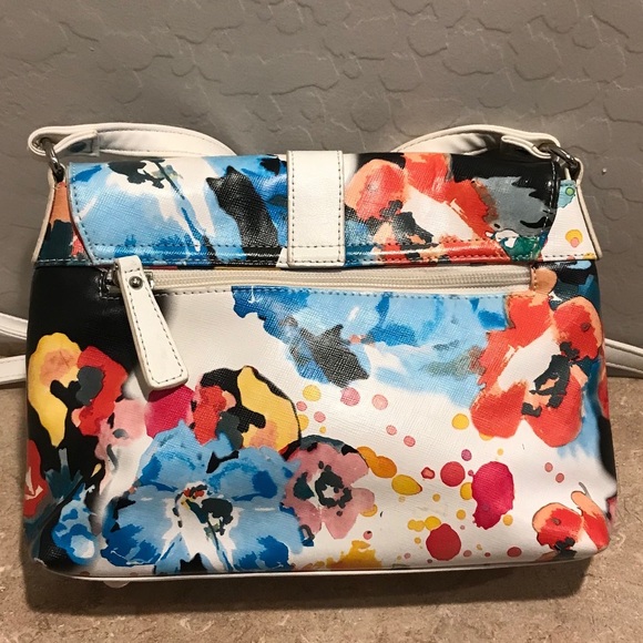 Sharif 1827 Abstract Floral Splatter Print Leather Crossbody Purse - Picture 4 of 12